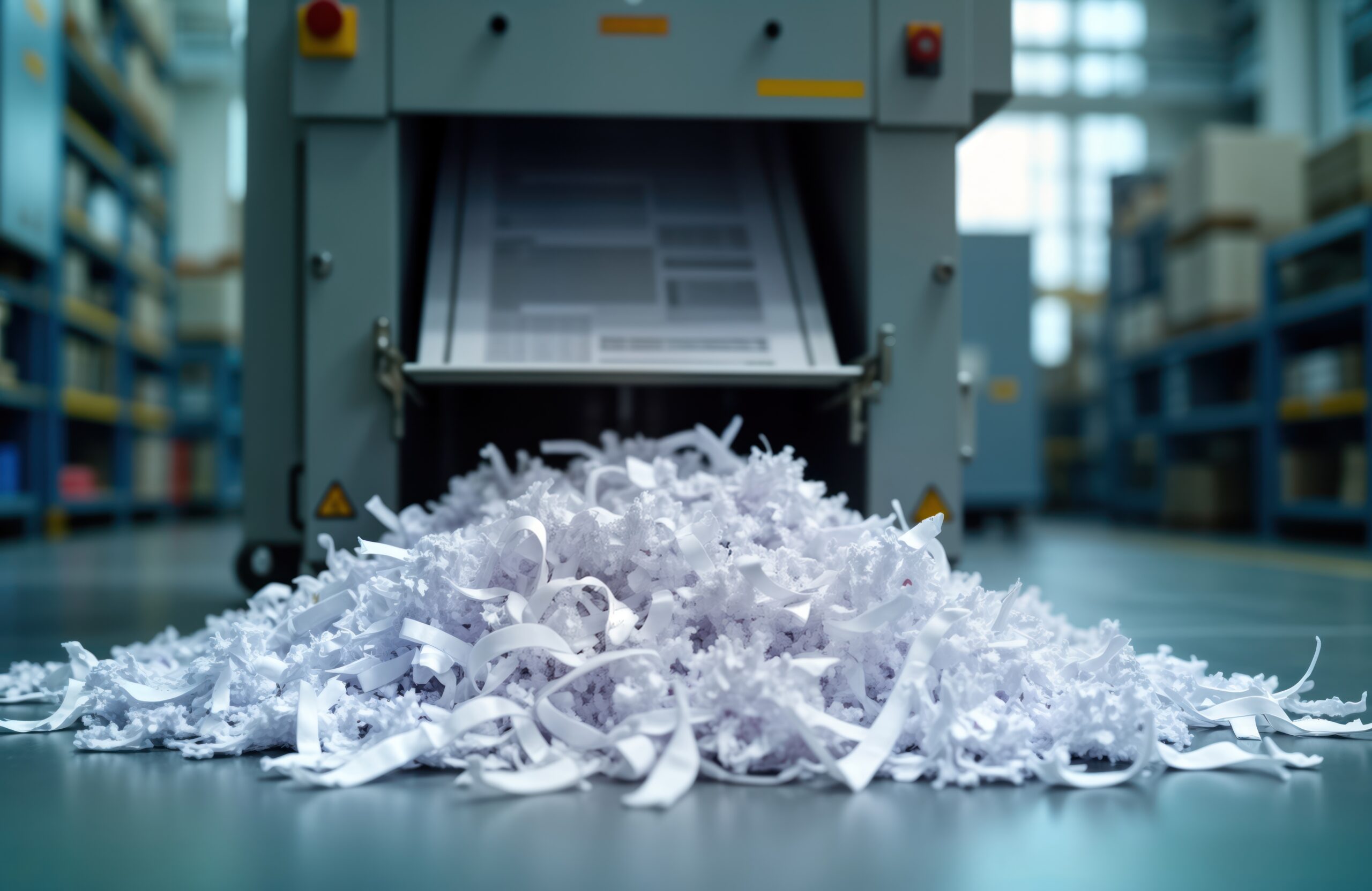 industrial paper shredder shreds paper documents. shredded paper spills onto factory floor. modern machine in workshop setting processes material. automated process in action. security measure in